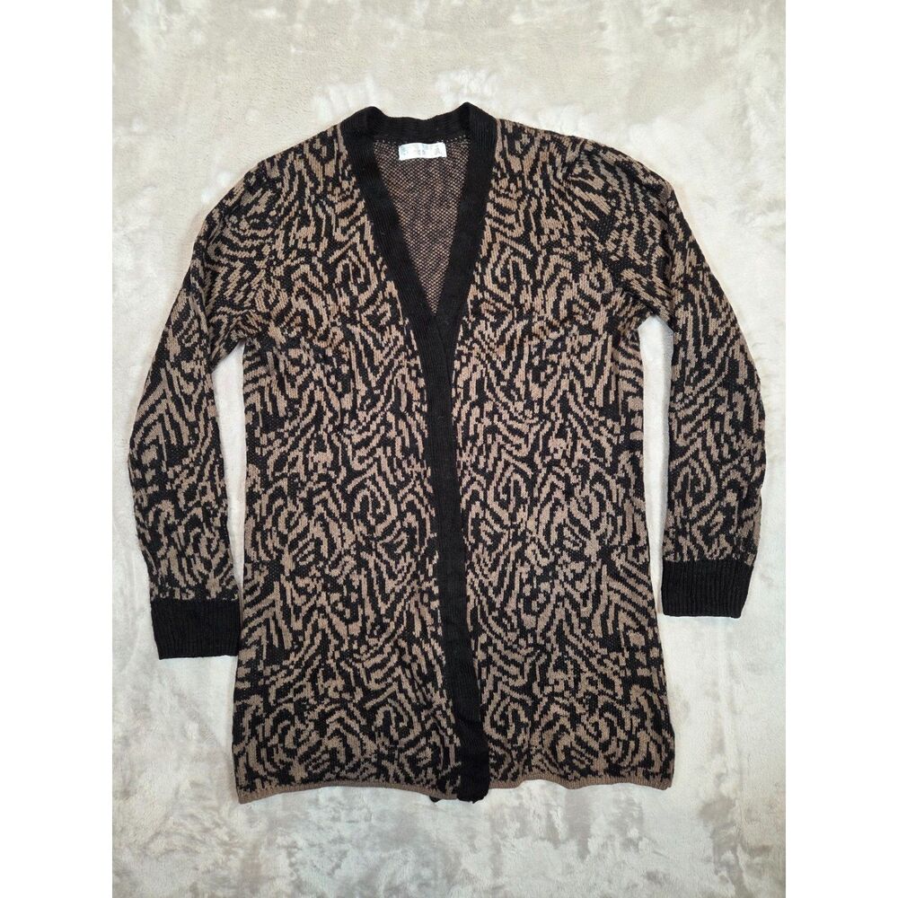 89th + Madison Women's S Long Cardigan Black Taupe Abstract Knit Open Front